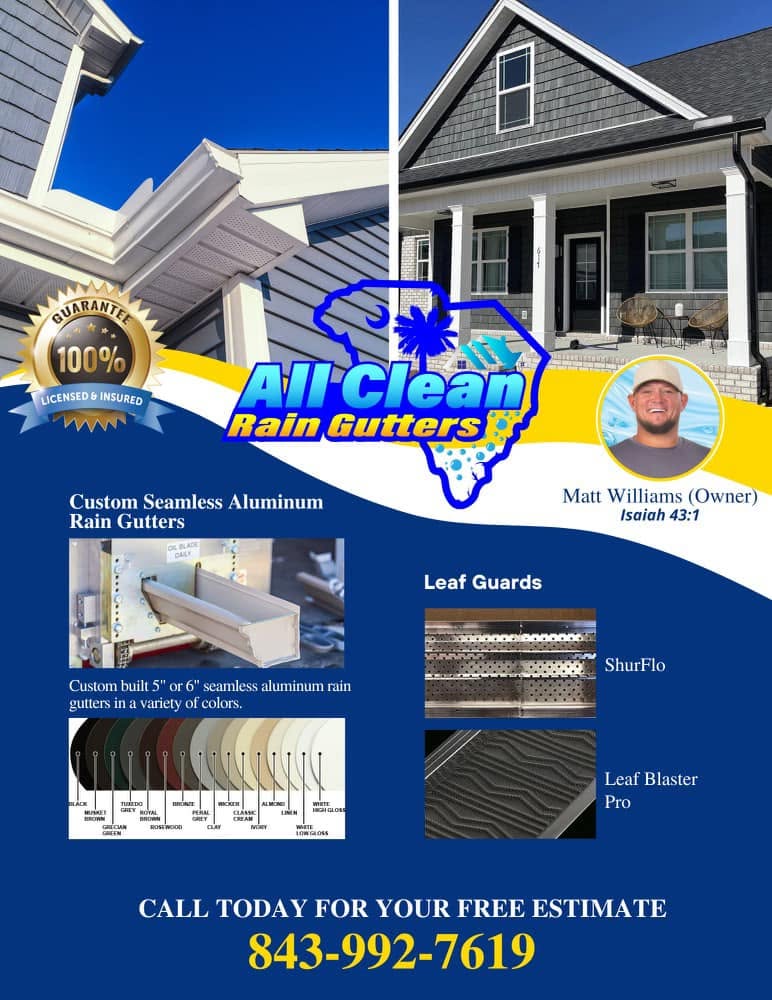 All Clean Rain Gutters promotional flyer showing owner Matt Williams, seamless aluminum gutters, leaf guards, and contact information