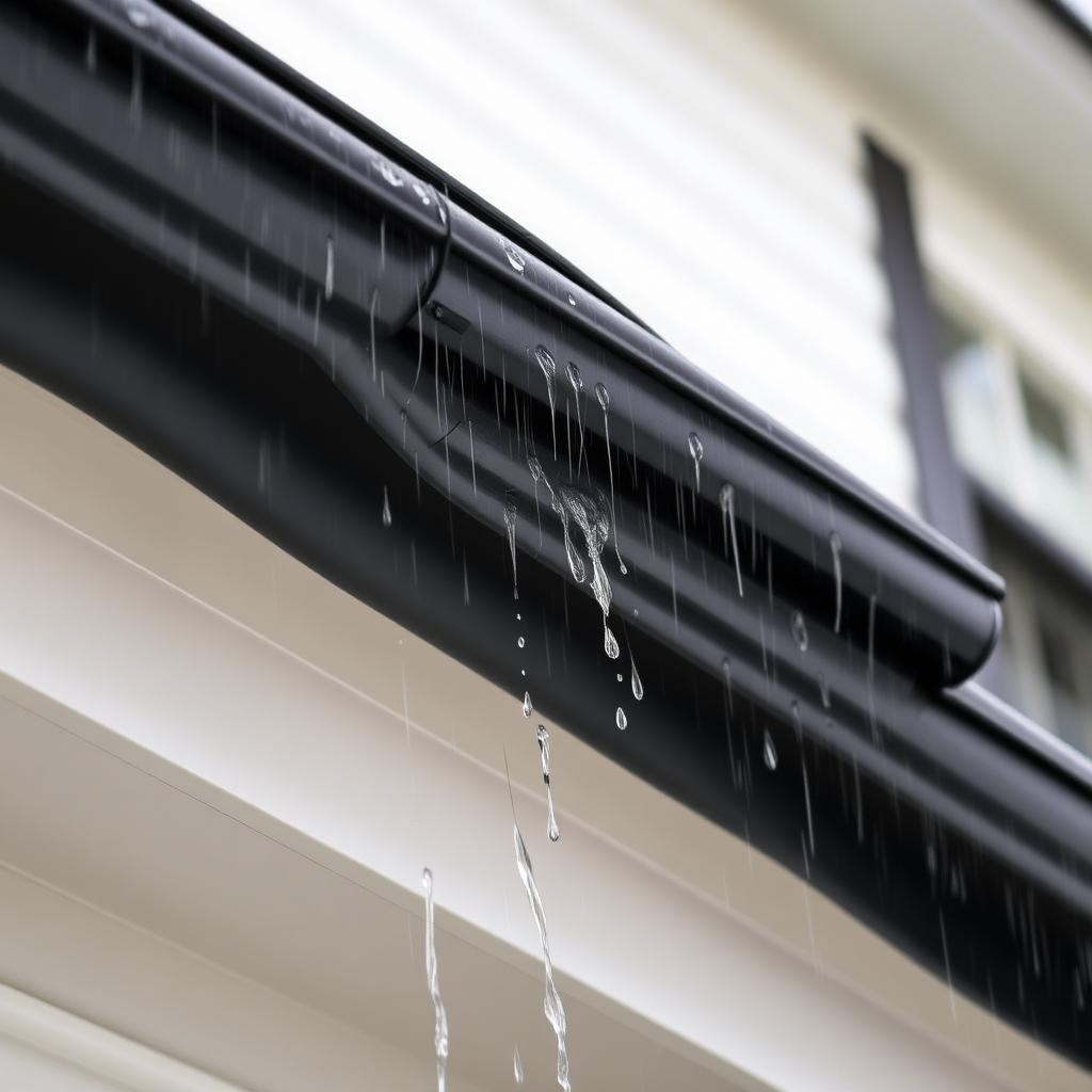Rain water flowing from rooftop through a clean gutter and downspout